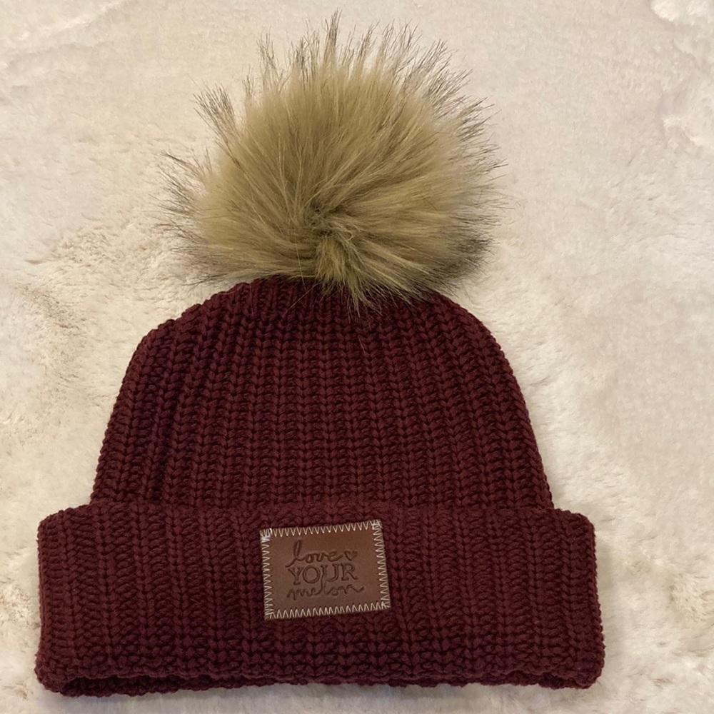 Love Your Melon Pom Pom Stocking Hat Beanie Knit ~‎ Maroon